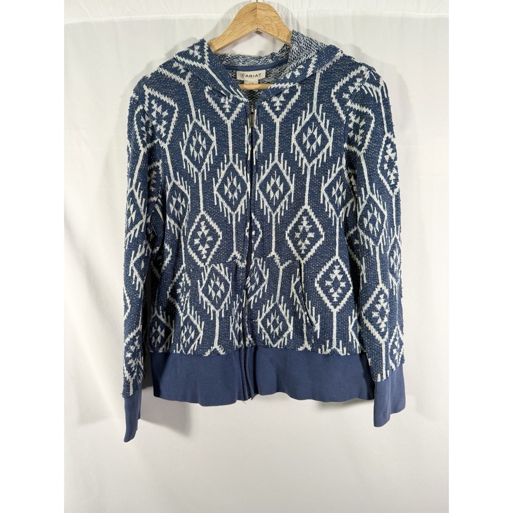 ARIAT Full Zip Hoodie Knit‎ Sweater Blue/White Aztec Cotton Blend Women's L